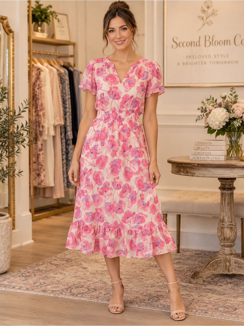 Talbots Pink Floral Smocked Waist Midi Dress Size 2 💛B1G2 FREE💛